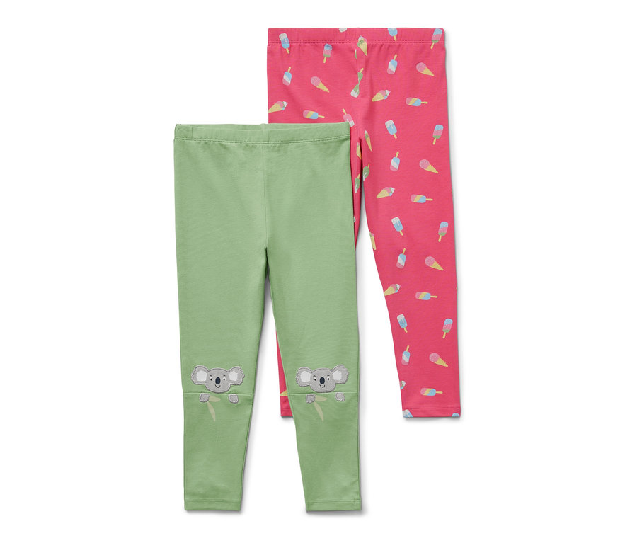 Deux leggings pour enfants : un vert avec des koalas, l’autre rose avec des glaces.