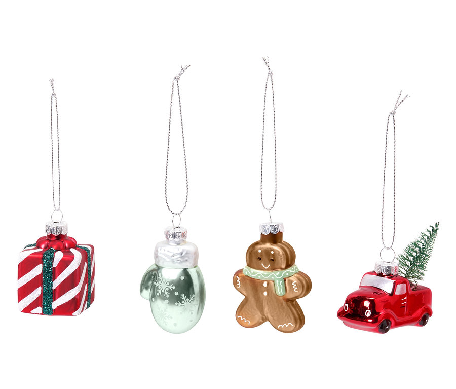 Quatre décorations de Noël, de gauche à droite : un cadeau rouge avec des rayures blanches, un gant vert avec des flocons de neige, un homme en pain d'épices avec une écharpe verte, une voiture rouge avec un arbre de Noël.