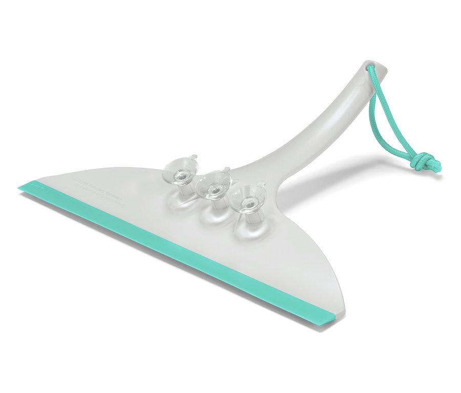 Raclette blanche avec bord en caoutchouc turquoise et trois ventouses transparentes.