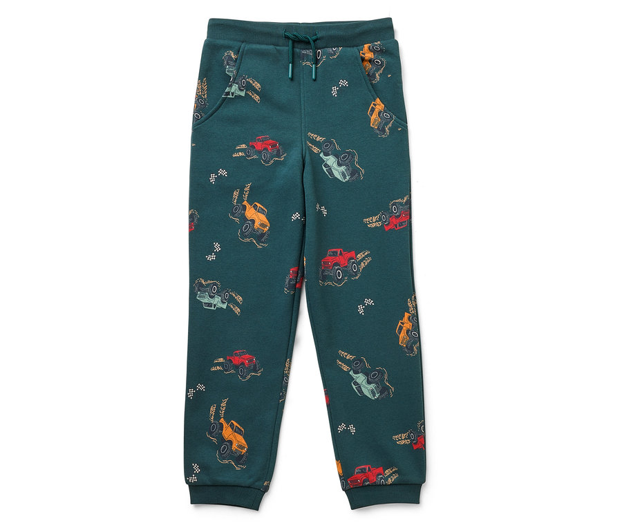 Pantalon de jogging vert avec motif de monster trucks.