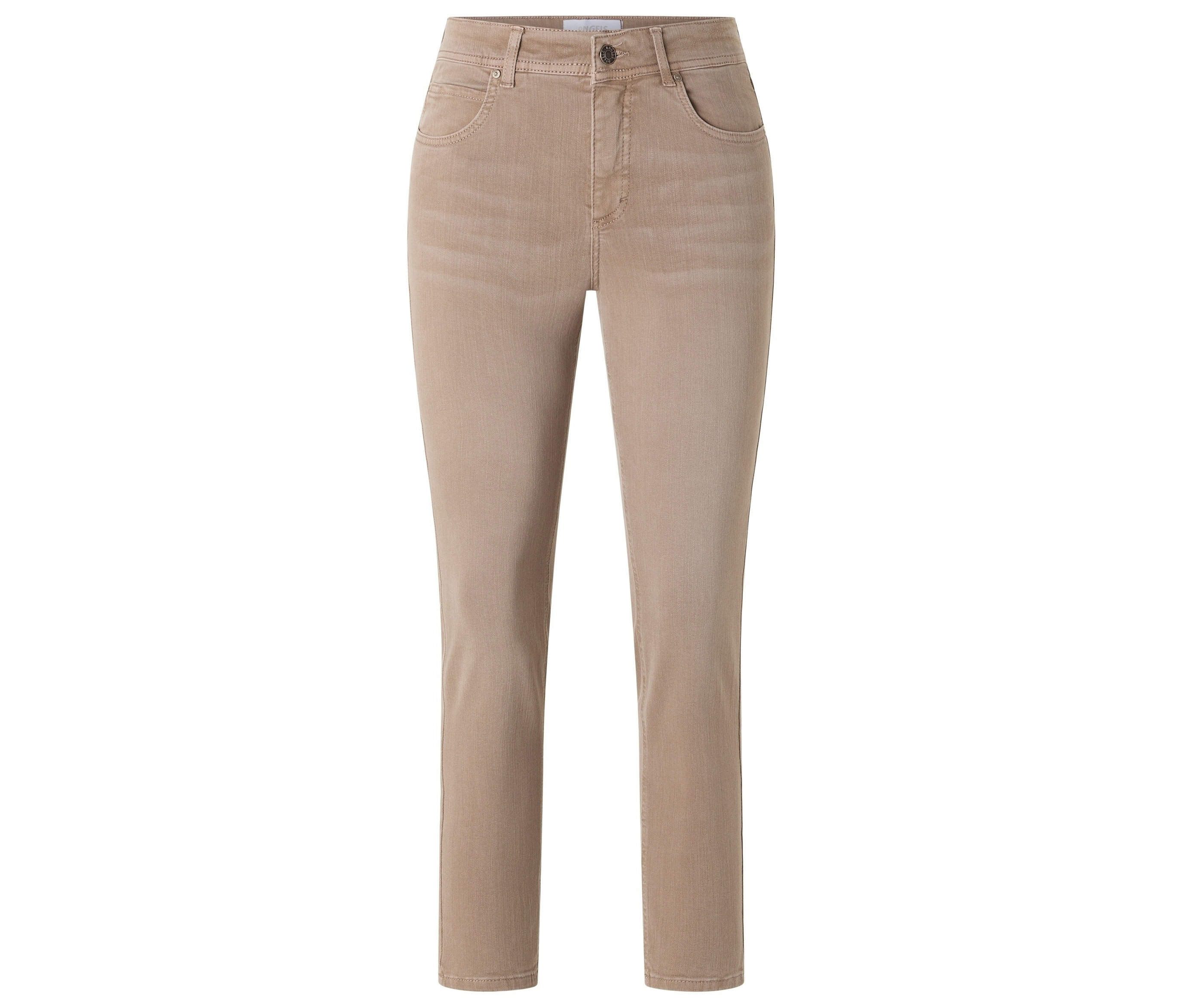 Détail d'un jean beige avec bouton et poches.