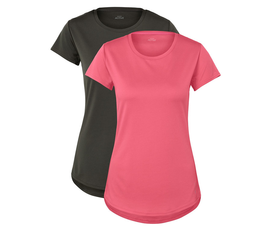 Deux t-shirts à manches courtes pour femmes, un noir et un rose, sont placés côte à côte.