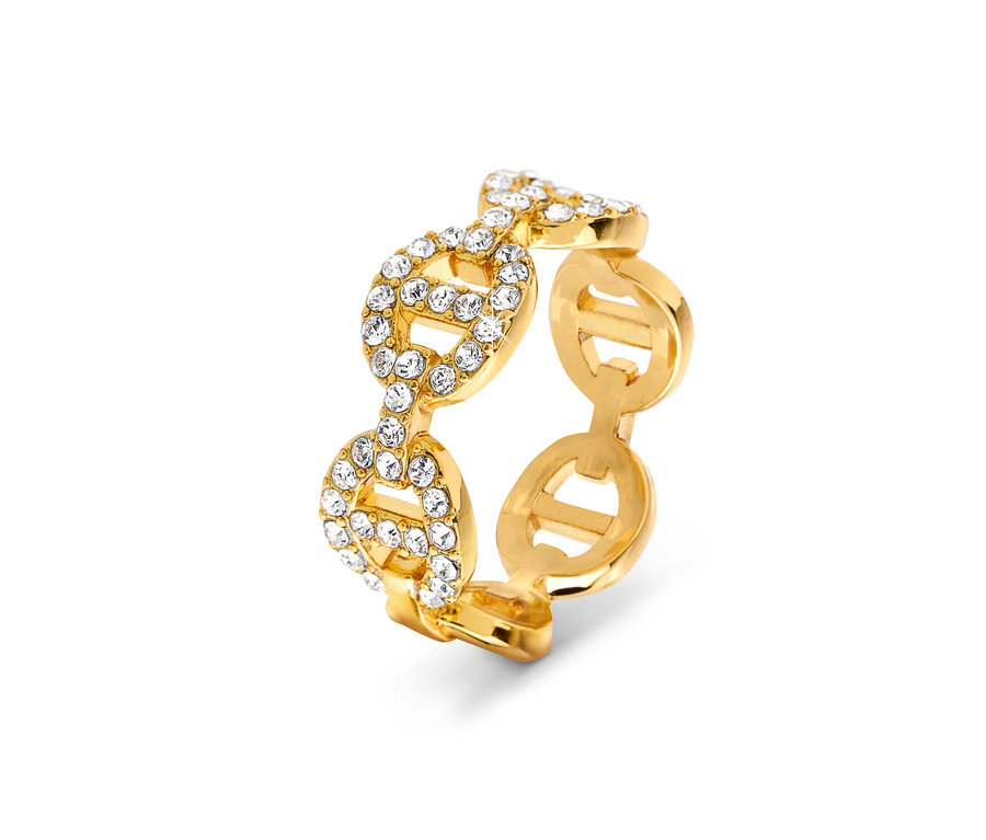 Bague dorée avec motif chaîne et strass.