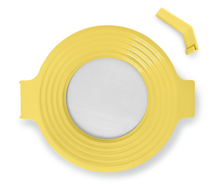 Couvercle jaune avec joint en silicone et bouchon amovible.