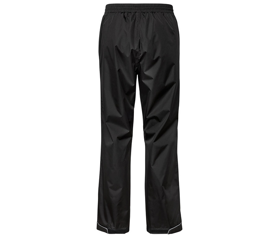 Pantalon de pluie noir avec cordon de serrage à la taille et détails réfléchissants en bas.