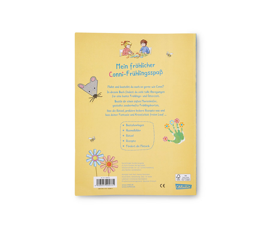Fond jaune avec le livre « Mon joyeux printemps avec Conni » (en allemand).