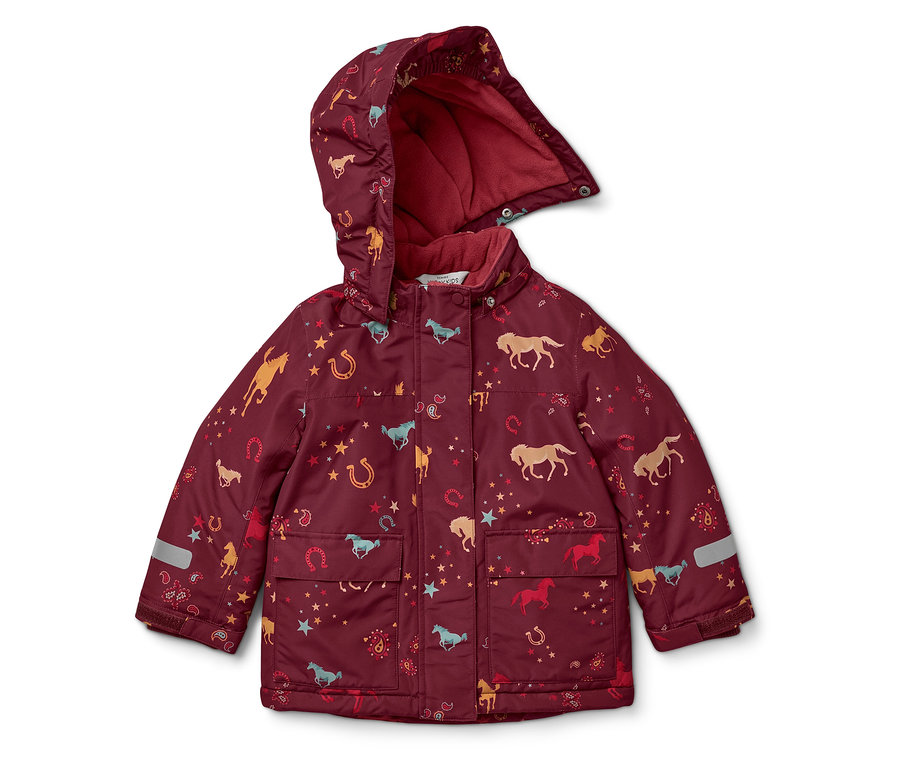 Veste bordeaux à capuche pour enfants, imprimée avec des chevaux, des étoiles et des fers à cheval.