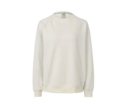 Détail d'un sweat-shirt de yoga blanc naturel.