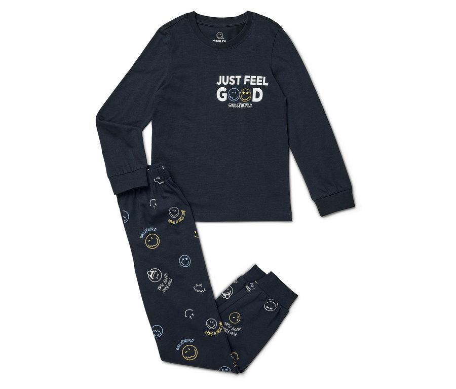 Pyjama bleu foncé à manches longues et pantalon avec imprimé de smiley.