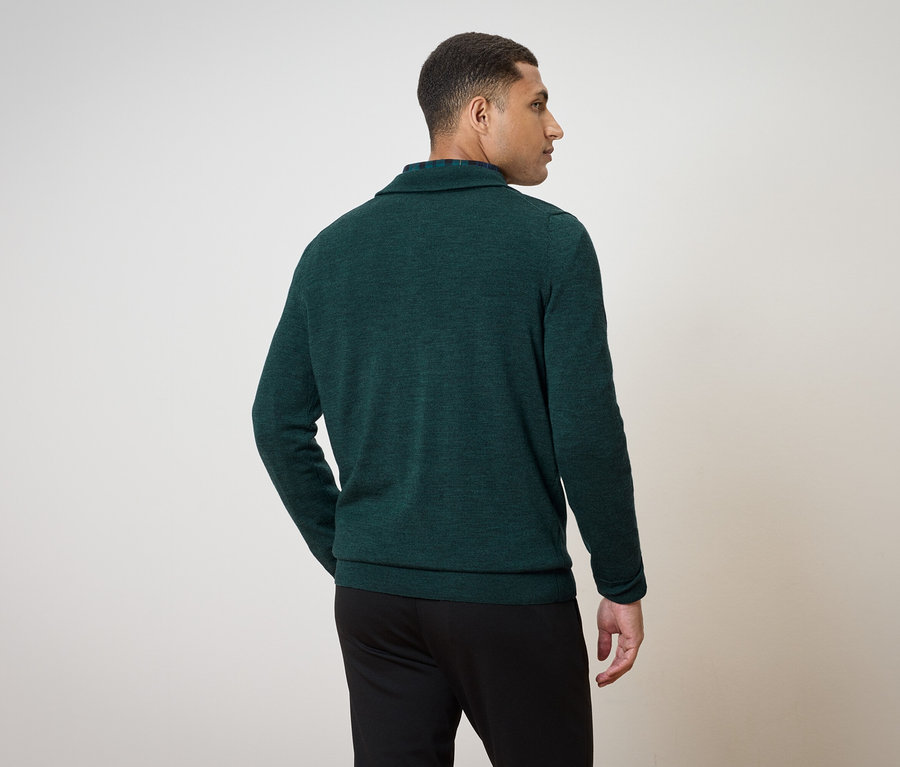 Un homme portant un pantalon noir et un pull vert, vu de dos, regardant vers la droite.