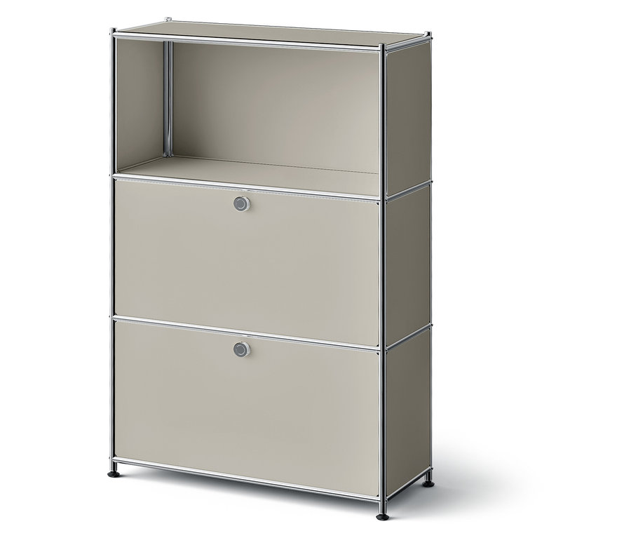 Armoire beige avec deux tiroirs et un compartiment supérieur ouvert.