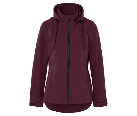 Veste bordeaux avec capuche et fermeture éclair noire au centre.