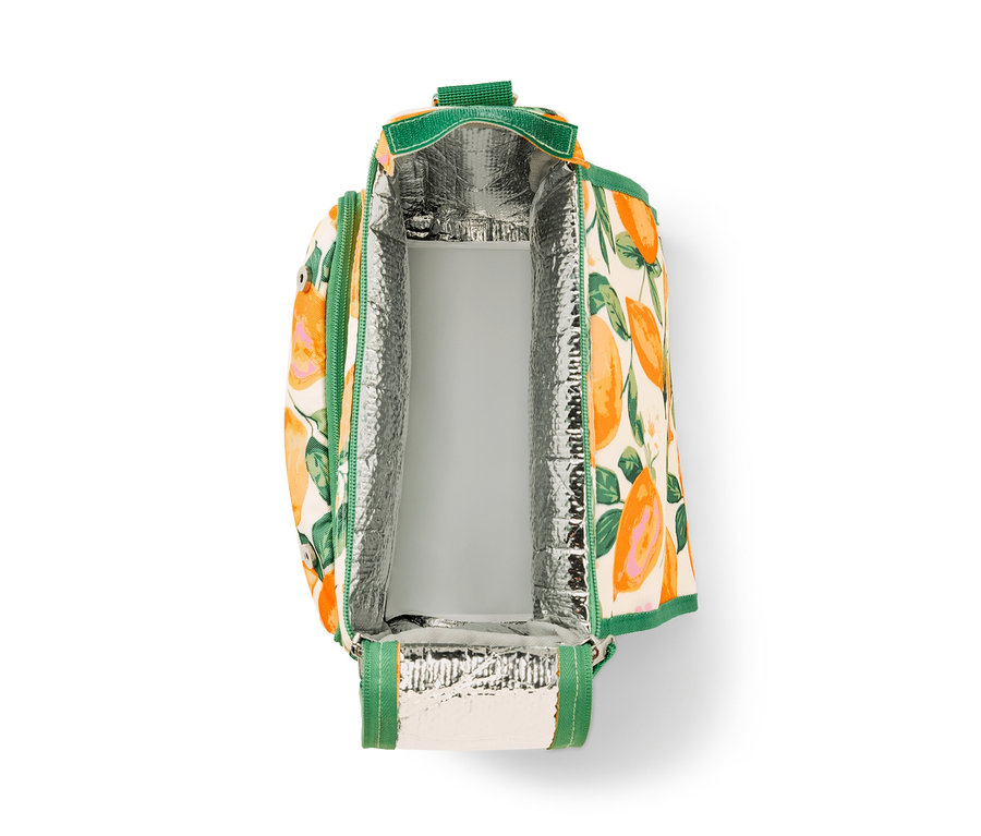 Mini-sac isotherme ouvert à motif d'agrumes.