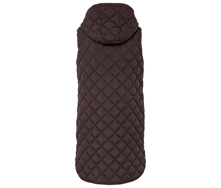 Vue arrière d'un long gilet marron matelassé avec capuche.