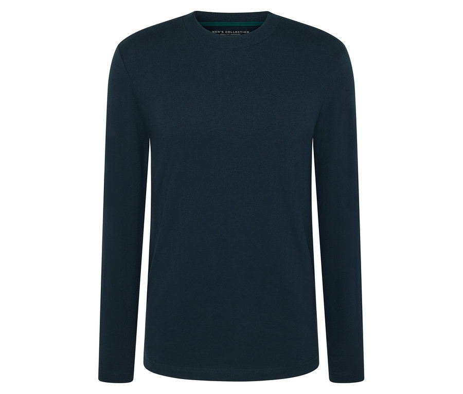 Un t-shirt bleu marine à manches longues sur fond blanc.