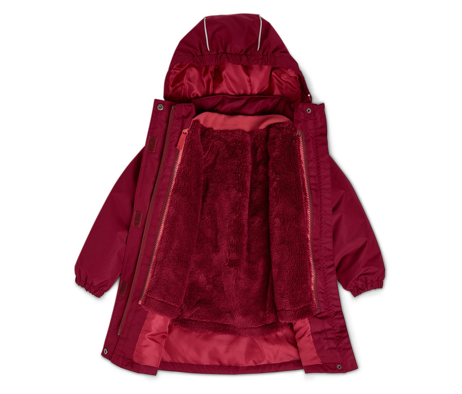 Veste rouge ouverte avec capuche et doublure en peluche.
