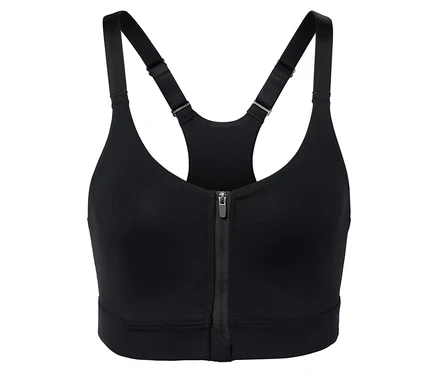 Soutien-gorge de sport noir avec fermeture éclair au centre.