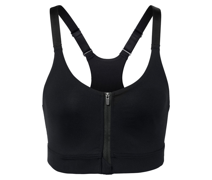 Soutien-gorge de sport noir avec fermeture éclair au centre.