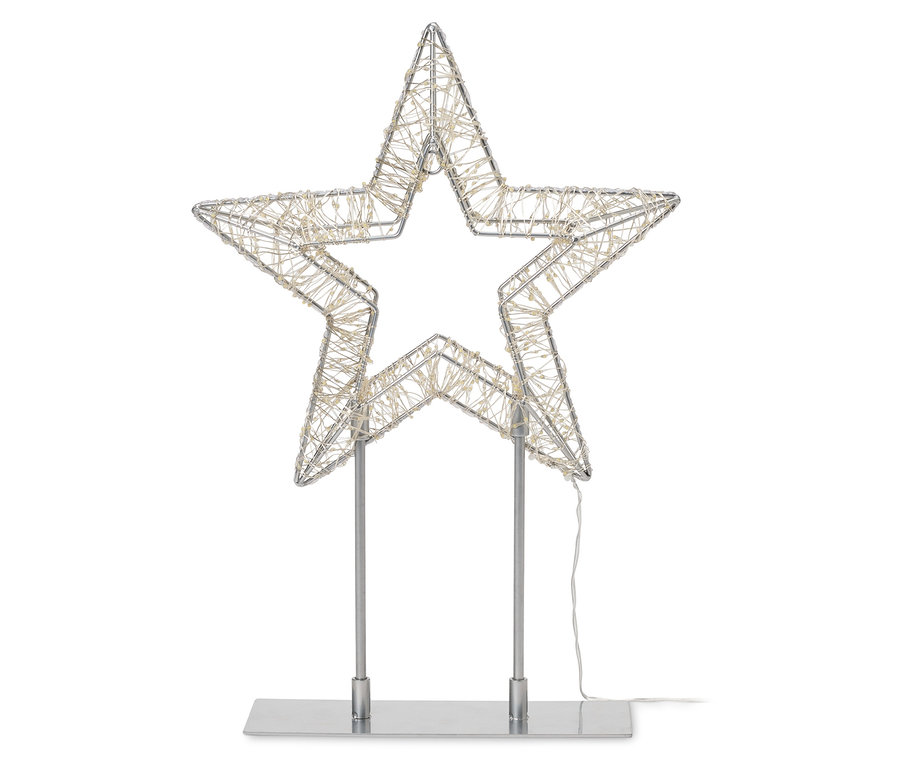 Étoile en fil de fer argenté avec lumières LED sur un socle argenté.