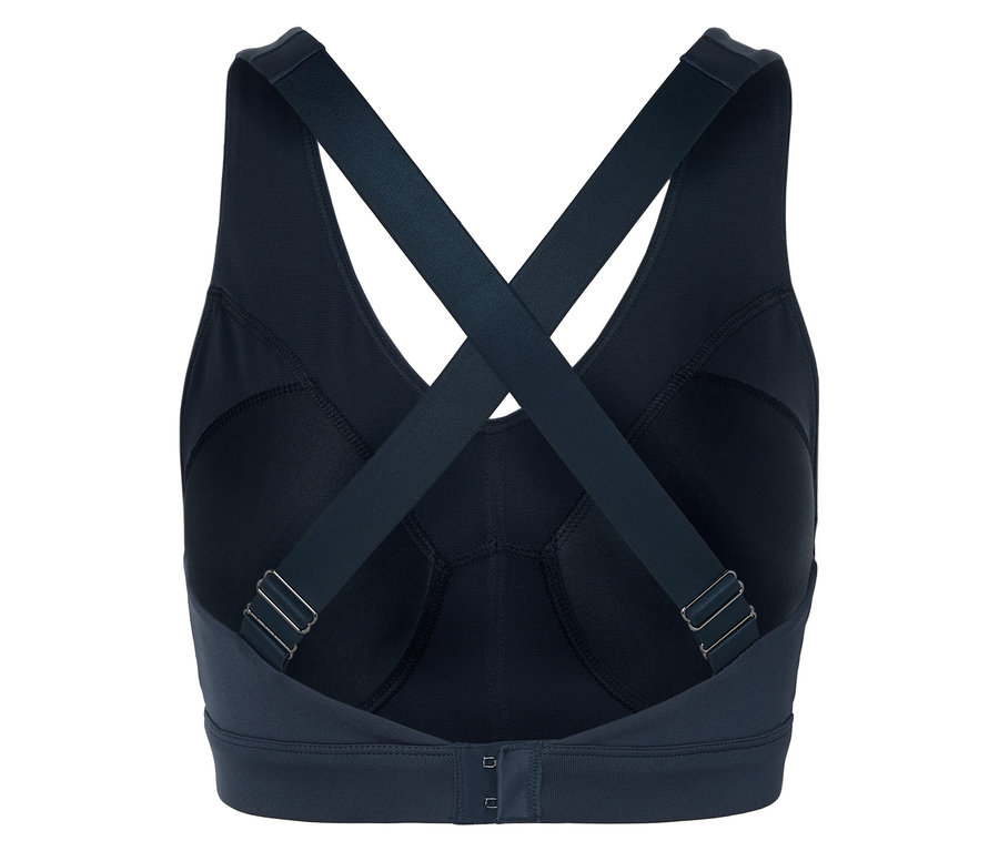 Vue arrière d'un soutien-gorge de sport bleu foncé avec des bretelles croisées.