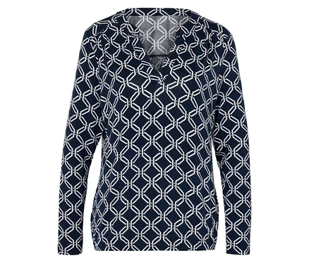 Chemisier à manches longues pour femmes, bleu foncé avec un motif géométrique blanc.