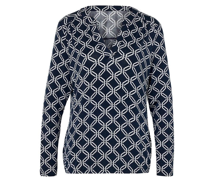 Chemisier à manches longues pour femmes, bleu foncé avec un motif géométrique blanc.