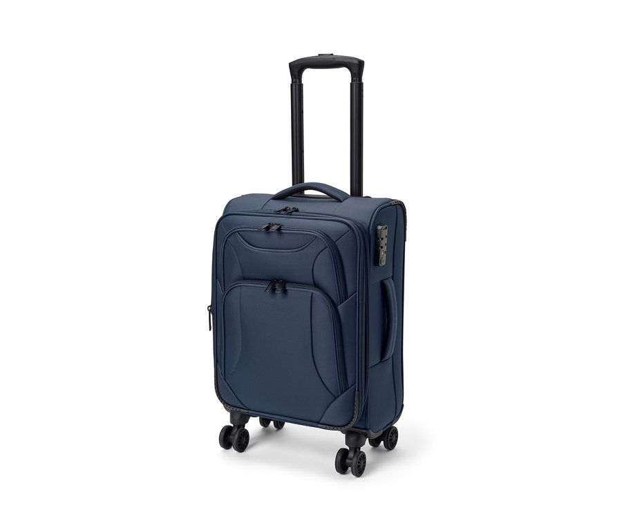 Valise en tissu bleue, petite, avec poignée télescopique noire et roulettes.