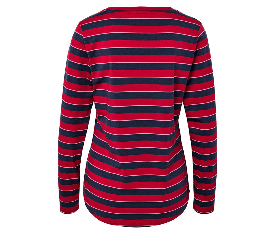 Vue arrière d'un t-shirt à manches longues rayé rouge et bleu.