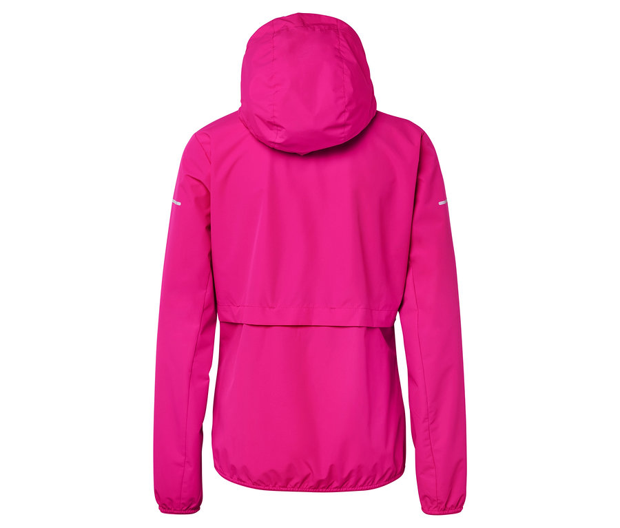 Vue arrière d'une veste rose avec capuche.