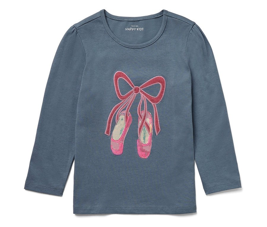 T-shirt bleu à manches longues avec chaussons de ballet roses et noeud.