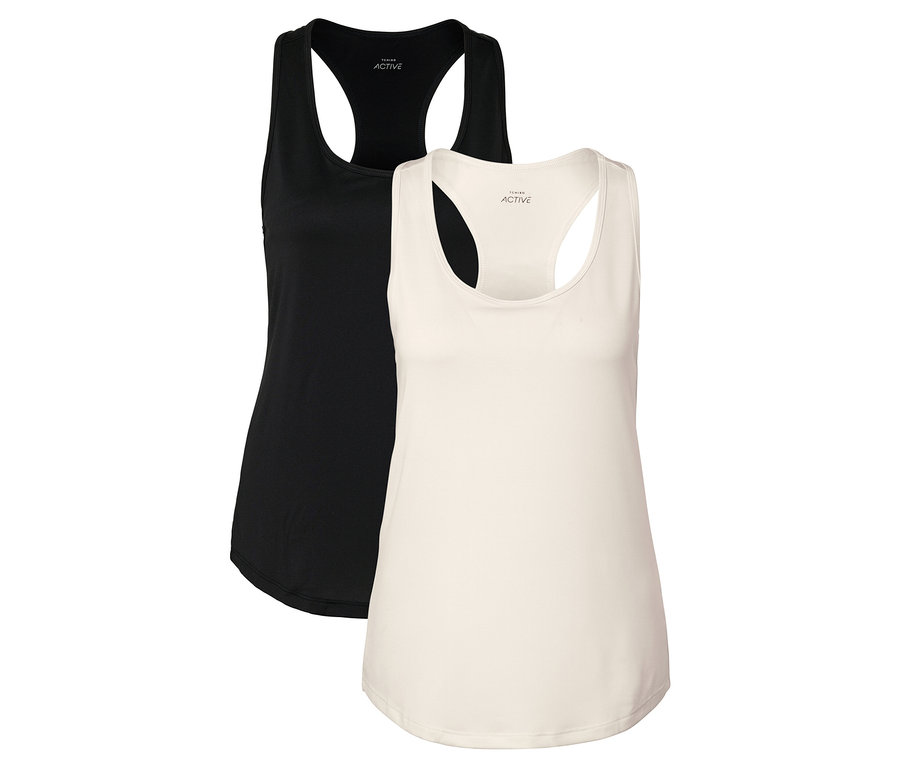 Deux débardeurs, un noir et un crème, sont placés côte à côte.