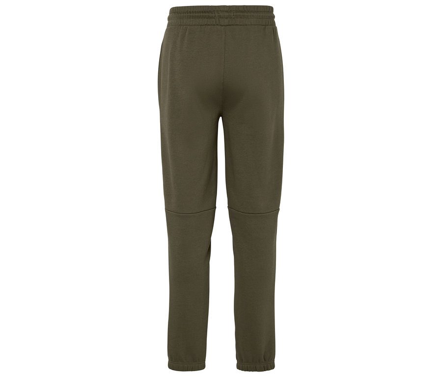 Vue arrière d'un pantalon de survêtement vert olive avec une taille et des poignets élastiques.