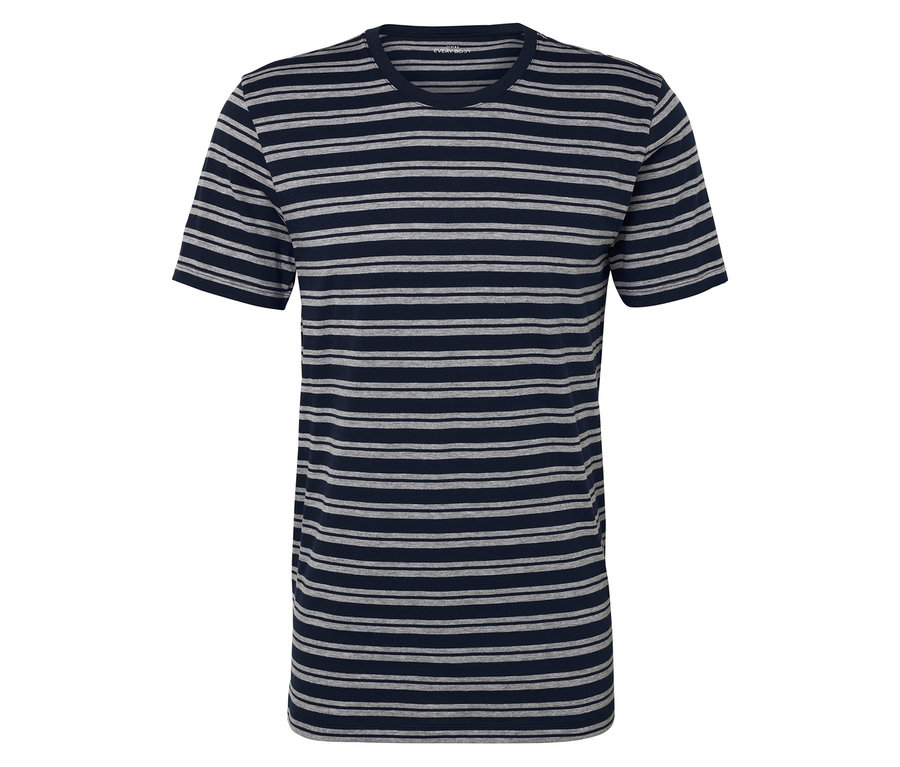 Un t-shirt à manches courtes bleu marine et gris avec des rayures horizontales.