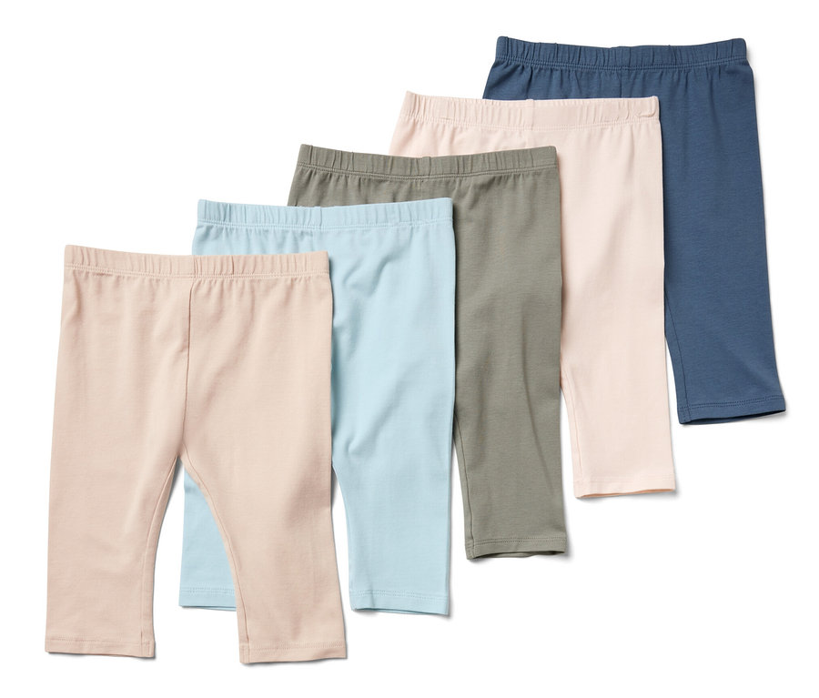 Cinq leggings 3/4 pour enfant de différentes couleurs.