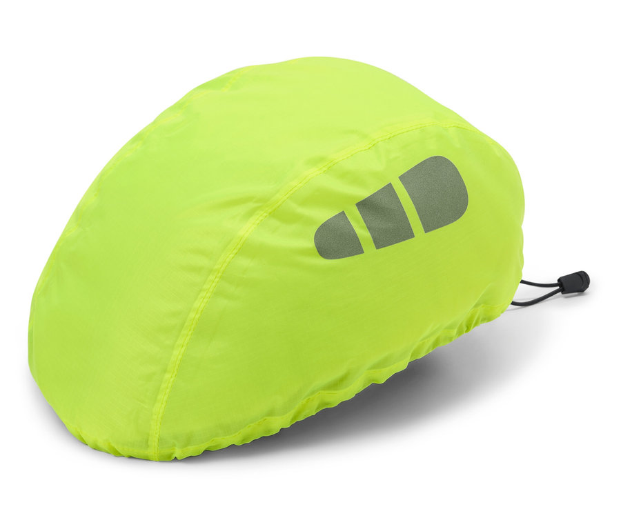 Une housse vert-jaune avec un logo réfléchissant sur fond blanc.