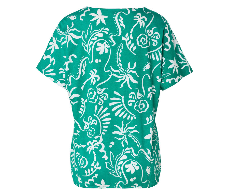 Vue arrière d'un haut vert émeraude avec un motif floral tropical blanc.
