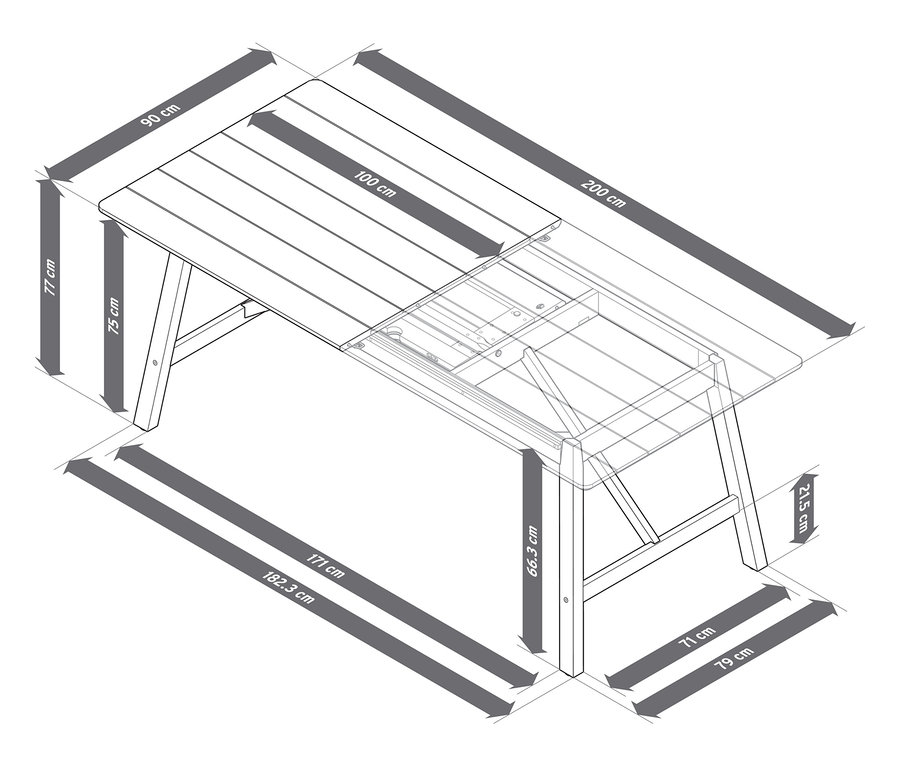 L'image montre une table de jardin à rallonges avec une structure rustique, d'environ 200 à 250 cm, avec les dimensions correspondantes.