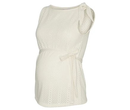 Débardeur de grossesse blanc sans manches avec un nœud sur l'épaule et une ceinture à nouer sous la poitrine.