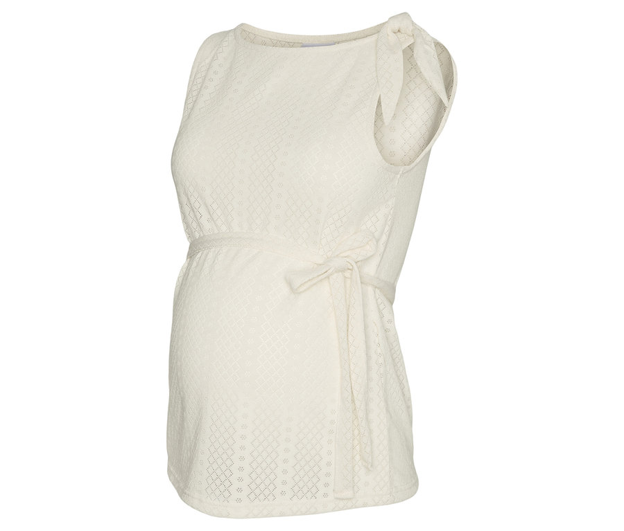 Débardeur de grossesse blanc sans manches avec un nœud sur l'épaule et une ceinture à nouer sous la poitrine.