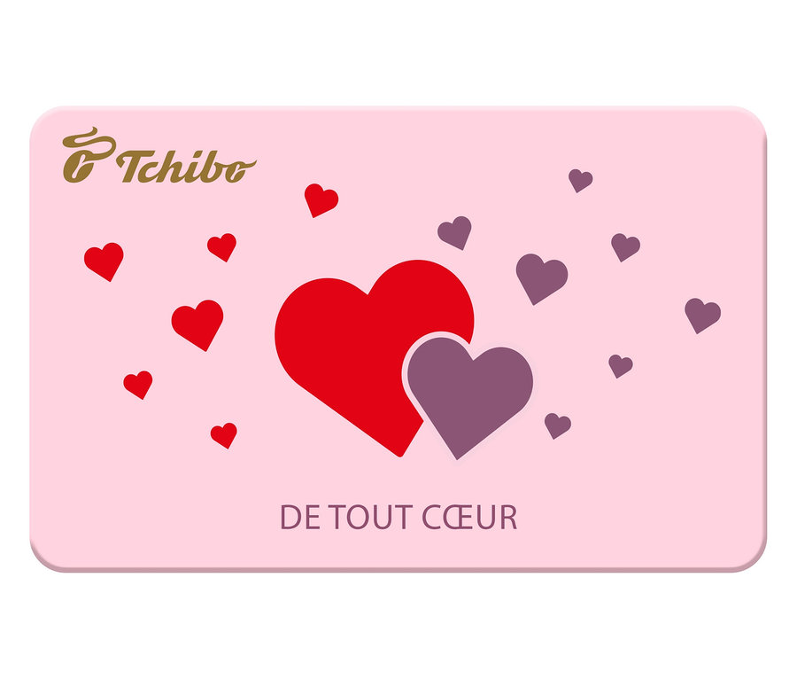 Un coupon rose Tchibo avec des cœurs rouges et violets et l'inscription "DE TOUT COEUR".