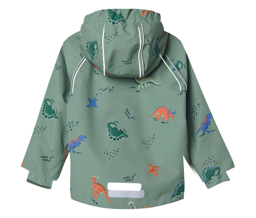 Vue arrière d'un imperméable vert clair à capuche, imprimé de dinosaures colorés et de bandes réfléchissantes blanches.