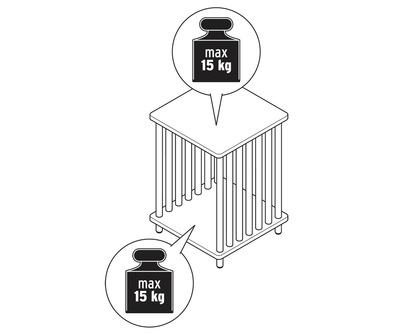 Vue de dessus d'une table d'appoint décorative composée d'un plateau carré et d'une cage formée de barres verticales. Deux poids indiquant "max 15 kg" sont représentés.