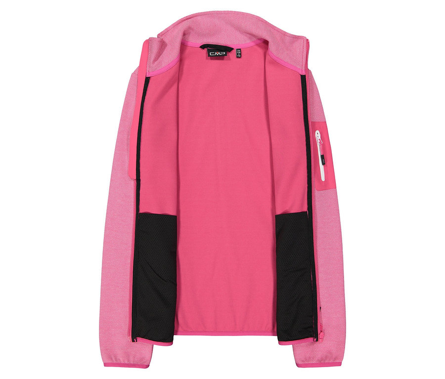 Veste polaire CMP rose ouverte avec capuche et poches noires.