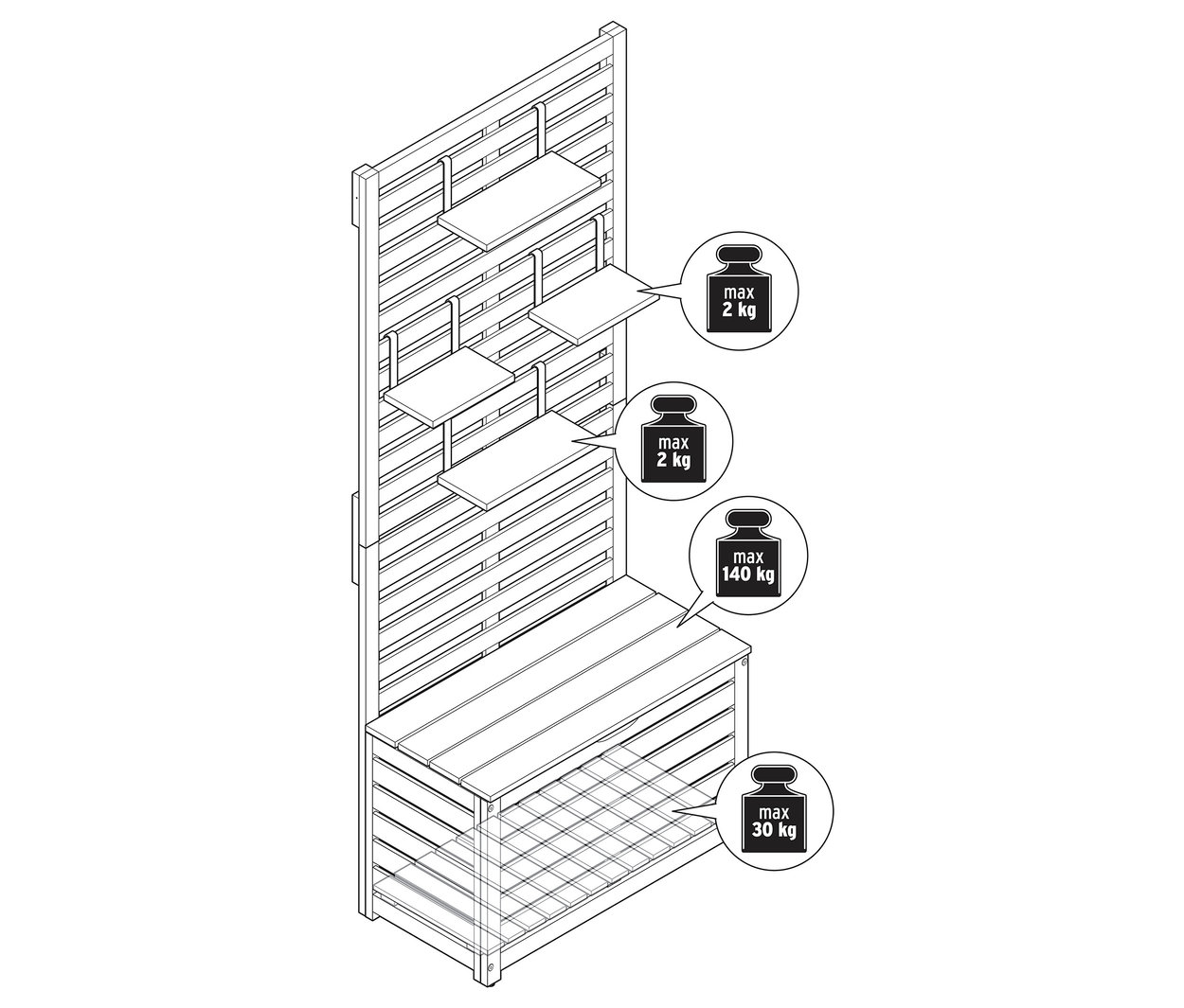 Vue de dessus d'un banc de balcon avec protection visuelle, espace de rangement et informations sur le poids.