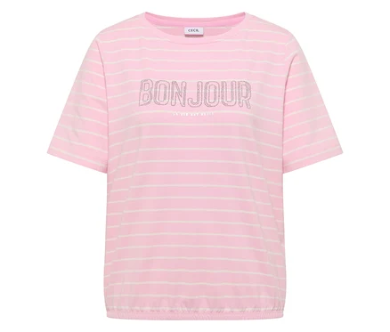 T-shirt CECIL, rayé rose et blanc, avec l'inscription scintillante « BONJOUR » et « LA VIE EST BELLE » en dessous.