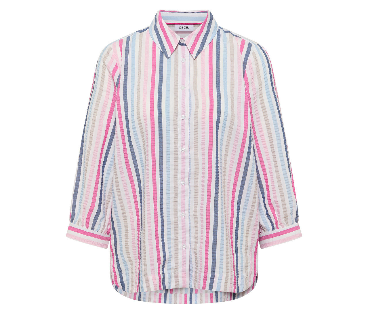 On voit un chemisier CECIL à rayures multicolores.