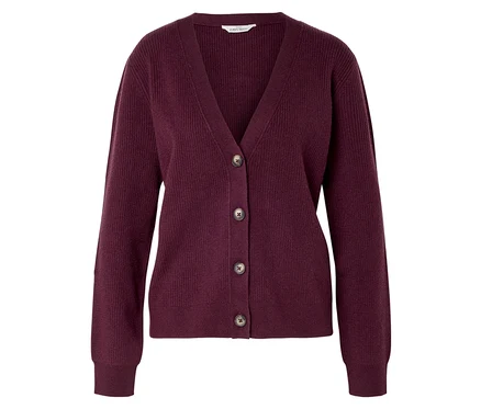 Gilet bordeaux à col en V avec cinq boutons marron.