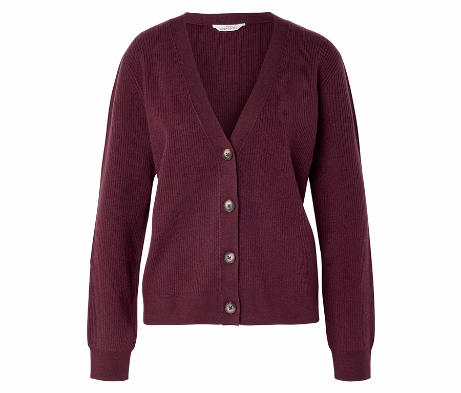 Gilet bordeaux à col en V avec cinq boutons marron.