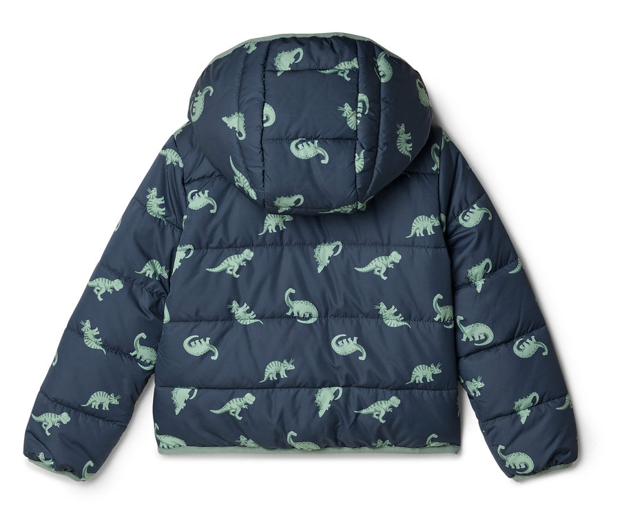 Veste matelassée bleu marine à capuche avec motif de dinosaures vert clair, photographiée de dos.