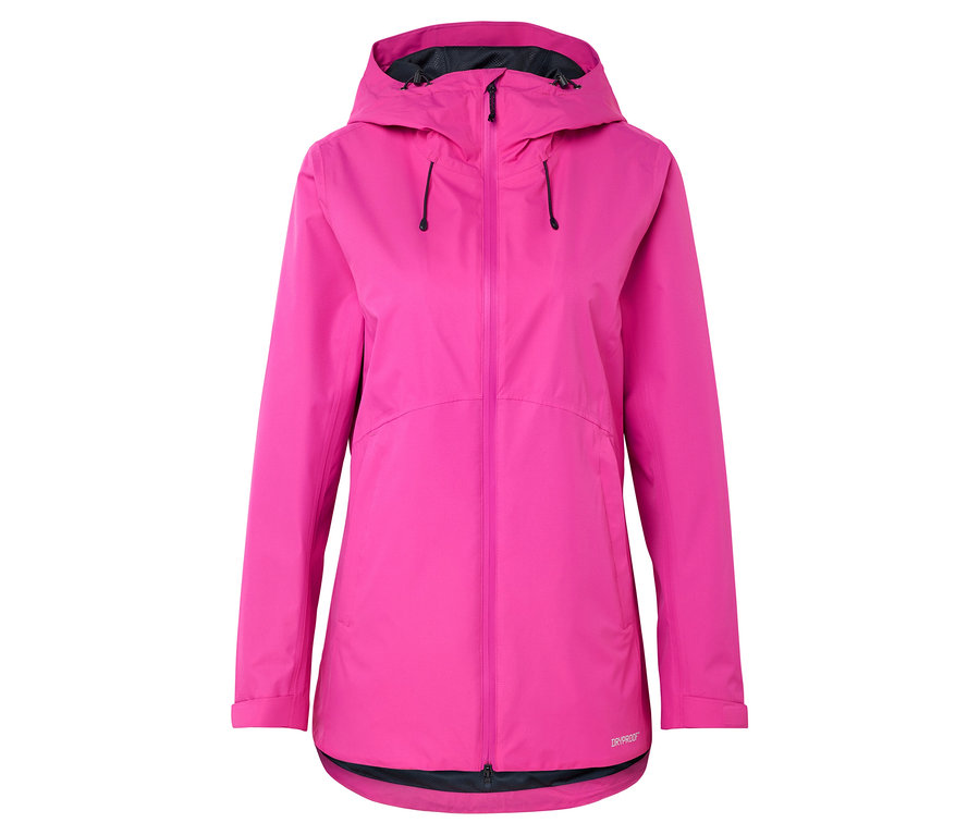 Longue veste de pluie rose avec capuche, fermeture éclair sur le devant et cordon de serrage.